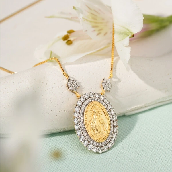 Colar Nossa Senhora das Graças G Prata Banho de Ouro 18 K