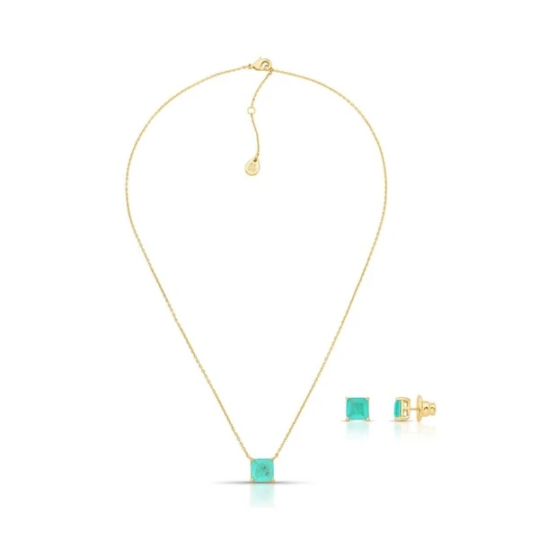 Conjunto Colar e Brinco Cristal Verde Fusion Quadrado Pino Central Banho de Ouro 18k