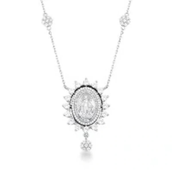 Colar Nossa Senhora das Graças Zircônias e Cristal Gota | Prata 925 com Ródio Branco | 50+5cm | Ping
