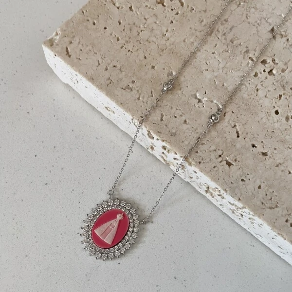Colar Nossa Senhora Aparecida Camafeu Coral Prata 925