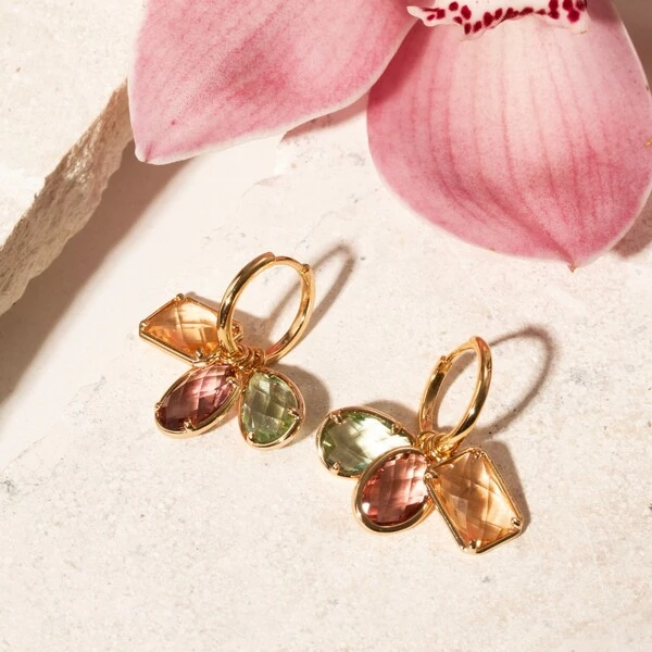 Brinco Argola com Charms Cristais Rodolita, Citrino e Peridoto | Liga Metálica Banho Ouro 18k
