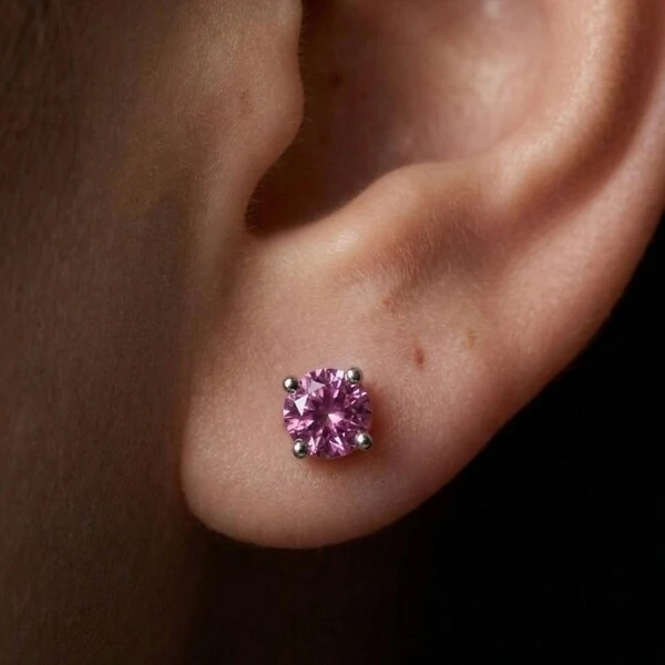 Brinco Solitário 4 MM Turmalina Pink Prata 925