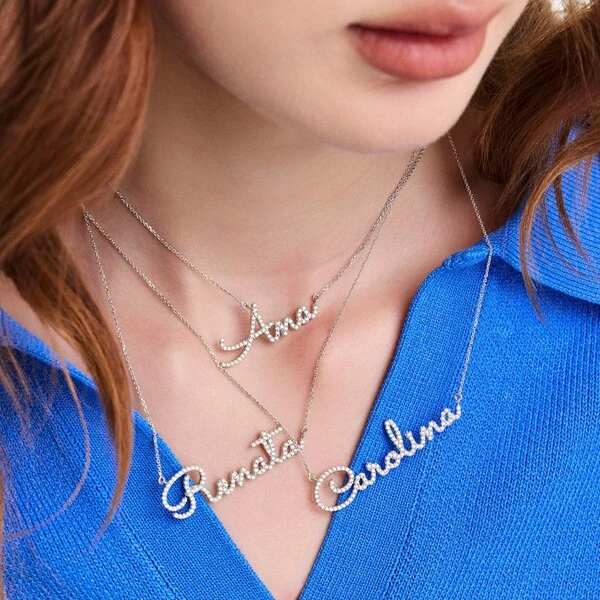 Gargantilha de Moissanite Nome Personalizado até 4 Letras Prata Rodinada 40cm