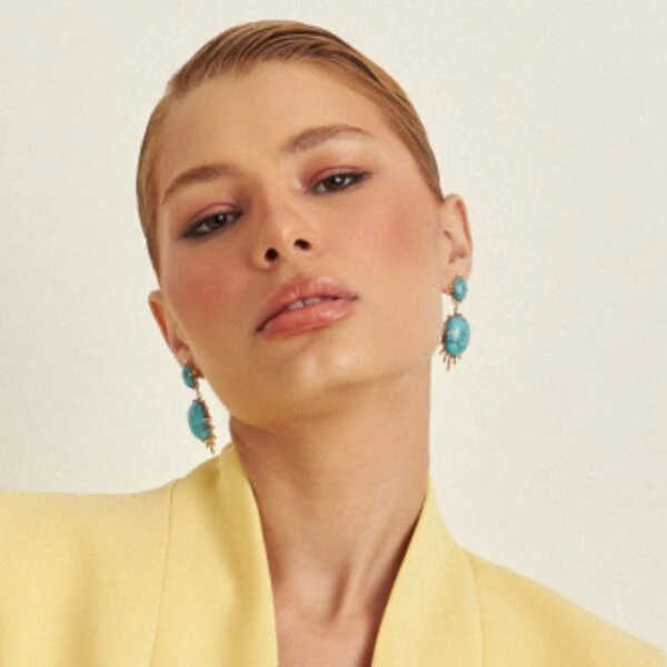 Brinco Pêndulo Redondo Turquesa Banho de Ouro 18 K