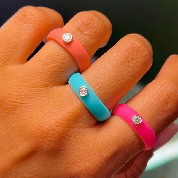 Anel Ajustável em Silicone Coral com Moissanite 2mm Prata 925