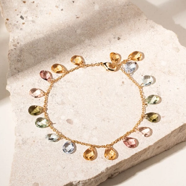 Pulseira Gotas Penduradas Cristais Peridoto, Citrino e Rodolita Banho de Ouro 18k