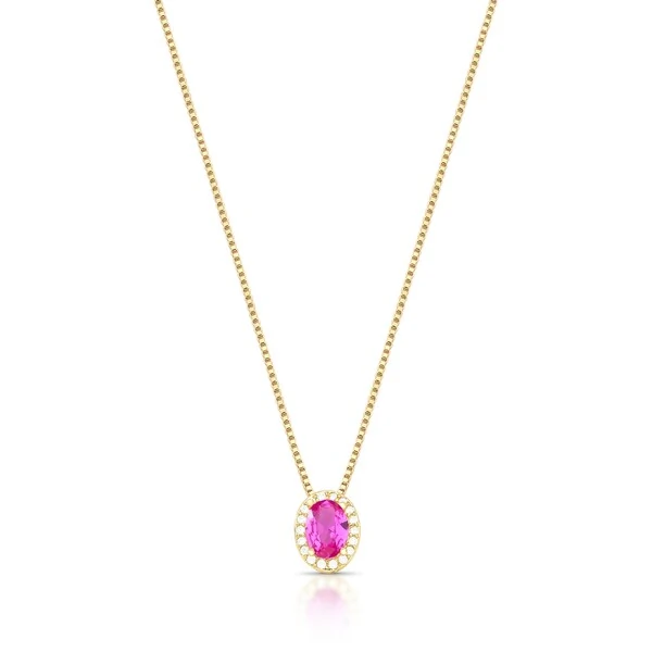 Colar Oval Rosa Escuro Banho de Ouro 18 K