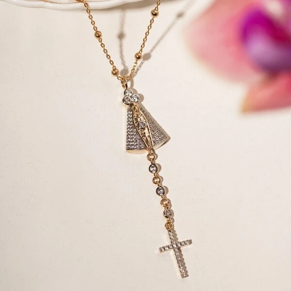 Colar Nossa Senhora Aparecida com Cruz e Zircônias Brancas | Liga Metálica Banho Ouro 18k | 50 cm