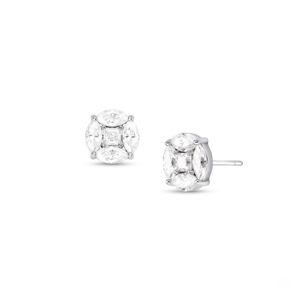 Brinco Redondo Illusion com Moissanites Navete e Quadrado | Prata 925 com Ródio | 0,9 cm