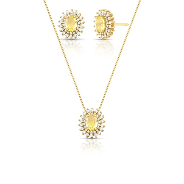 Conjunto Oval Brisa Amarelo Claro Banho de Ouro 18 K