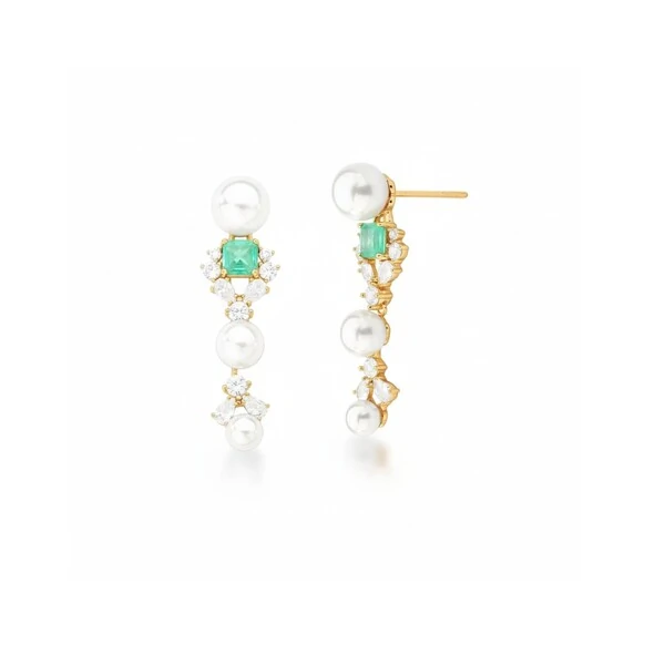 Brinco Pêndulo Pérolas Turmalina Fusion Rita Banho de Ouro 18 K