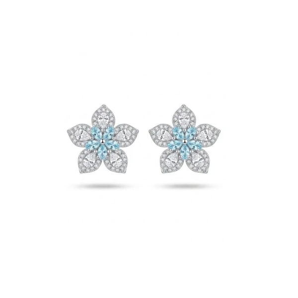 Brinco Flor com Zircônias Brancas e Zircônia Água-Marinha no Centro | Prata 925 com Ródio | 1,4 cm