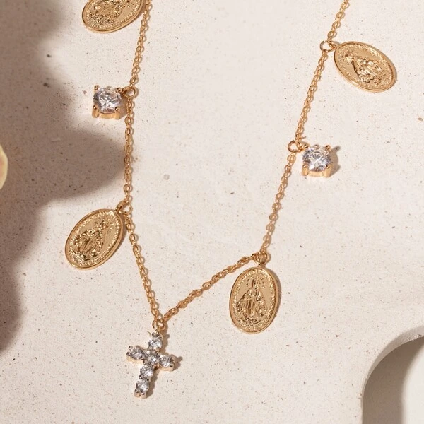Colar Medalhas Nossa Senhora das Graças com Cruz e Zircônias | Liga Metálica Banho Ouro 18k | 50 cm