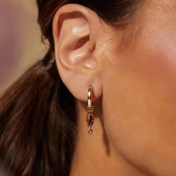 Argola Ear Bling com Charm Navete Cristal Rodolita e Detalhe Cristal Citrino | Liga Metálica Banho O