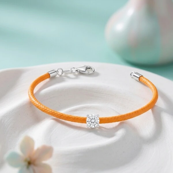 Pulseira Fio de Seda Laranja Zircônia Redonda | Prata 925 com Ródio Branco | Pingente 5mm | 16cm