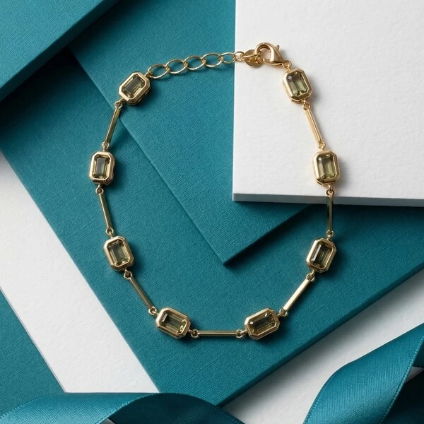 Pulseira Pedras Retangulares Intercaladas Cinza Fumê | Banho de Ouro 18k | 5x3mm | Regulável 18–20cm