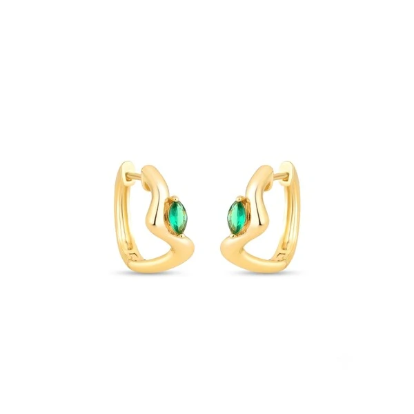 Argola Curva com Cristal Navete Verde | Liga Metálica Banho Ouro 18k | 1,9 cm × 2,2 cm