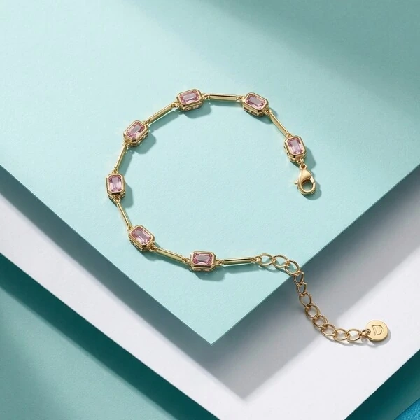 Pulseira Pedras Retangulares Intercaladas Rosa Claro | Banho de Ouro 18k | 5x3mm | Regulável 18–20cm