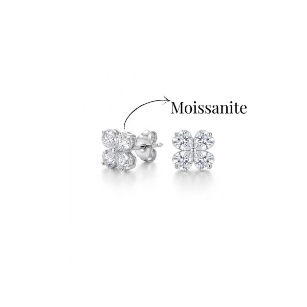 Brinco Trevo com Moissanites | Prata 925 com Ródio | 0,3 cm × 0,3 cm | 0.4 ct