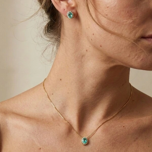 Conjunto Oval Turmalina Paraíba Princesa Banho de Ouro 18 K