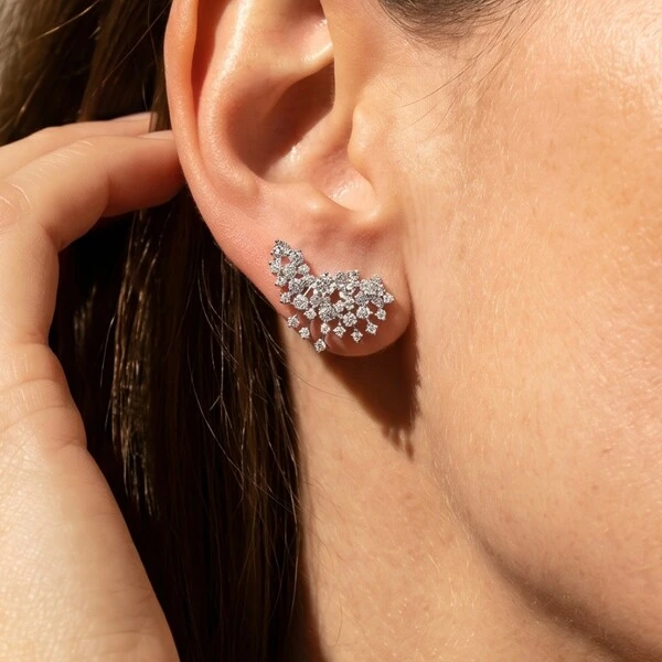 Brinco Ear Cuff Explosion Zircônias | Ródio Branco | Tarraxa Vírgula | 2x1,2cm