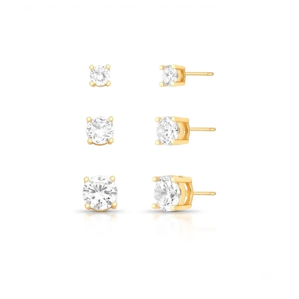 Kit 3 Pares Brincos Ponto de Luz com Zircônia 5A | Liga Metálica Banho Ouro 18k | 0,6 cm, 0,8 cm e 1