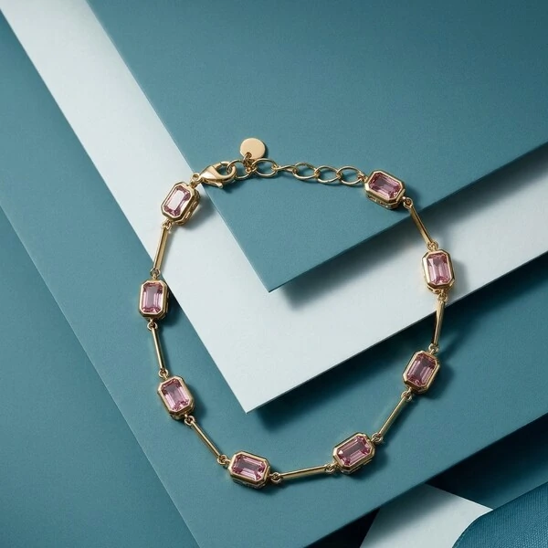 Pulseira Pedras Retangulares Intercaladas Rosa Claro | Banho de Ouro 18k | 5x3mm | Regulável 18–20cm