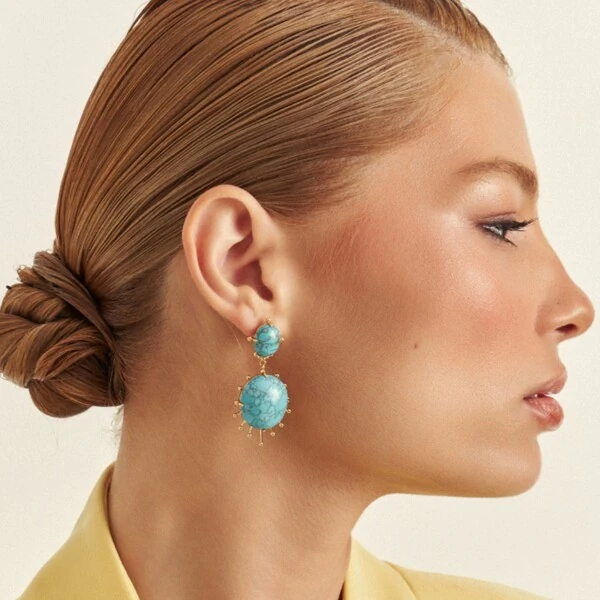 Brinco Pêndulo Redondo Turquesa Banho de Ouro 18 K