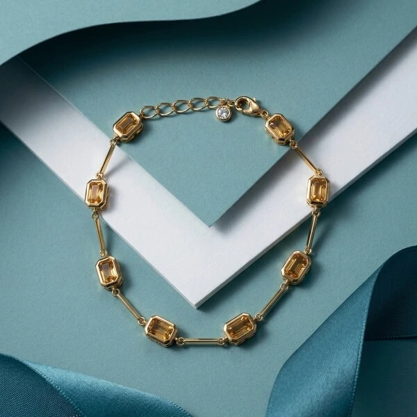 Pulseira Pedras Retangulares Intercaladas Laranja | Banho de Ouro 18k | 5x3mm | Regulável 18–20cm