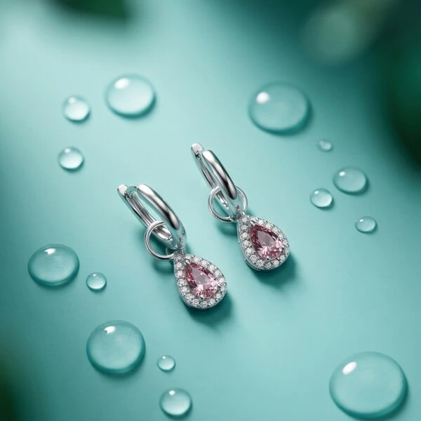Argola Charm Gota Rodolita com Zircônias | Prata 925 com Ródio | Argola 1,5 cm | Gota 1 cm × 0,7 cm