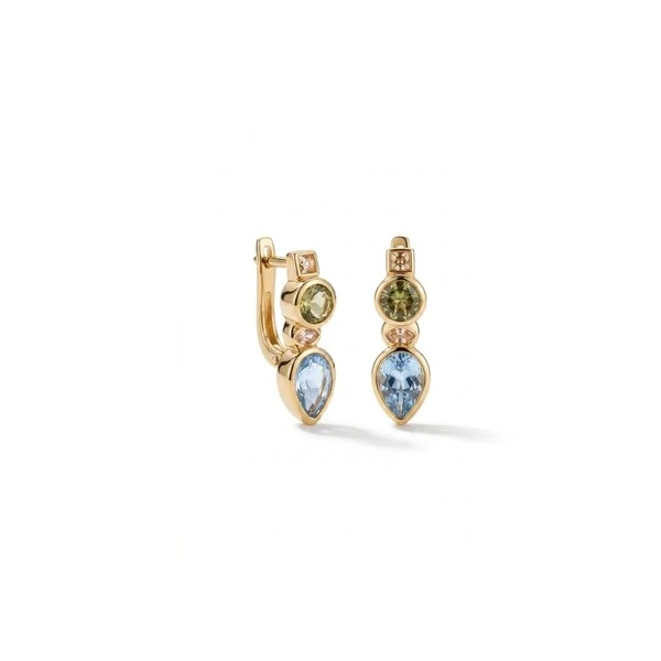 Argola Ear Bling com Cristais London Blue, Peridoto e Morganita | Liga Metálica Banho Ouro 18k