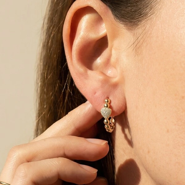 Argola Bolinhas Coração Cravejado Prata com Banho de Ouro 18 K