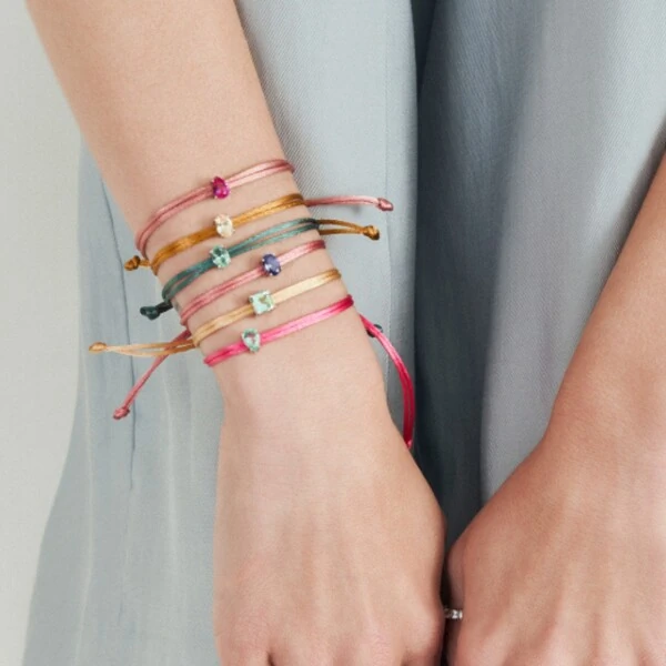 Pulseira Regulável com Fio Encerado Rosa Antigo Oval Tanzanita Paraíba Prata 925