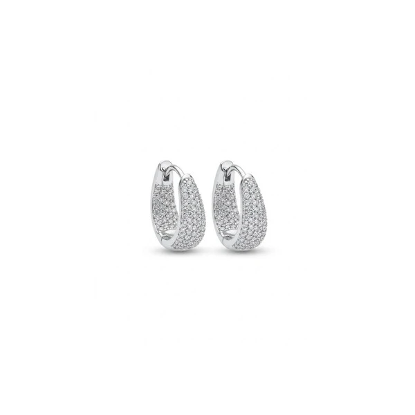 Brinco Argola Curva Cravejada Zircônia Branca Banho de Ródio Branco