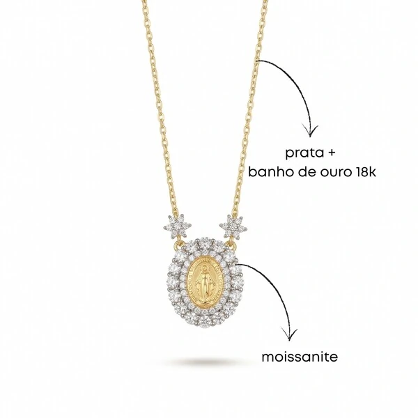 Colar Mini Nossa Senhora das Graças Moissanite | Prata com Banho de Ouro 18k | Corrente Regulável 40