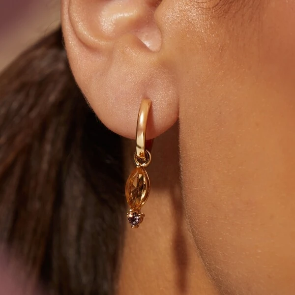 Argola Ear Bling com Charm Navete Cristal Citrino e Cristal Rodolita | Liga Metálica Banho Ouro 18k