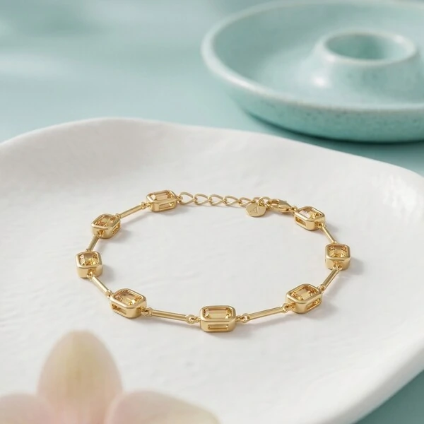 Pulseira Pedras Retangulares Intercaladas Laranja | Banho de Ouro 18k | 5x3mm | Regulável 18–20cm