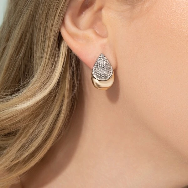 Brinco Gota Gravejada e Lisa Mix Banho de Ouro 18 K