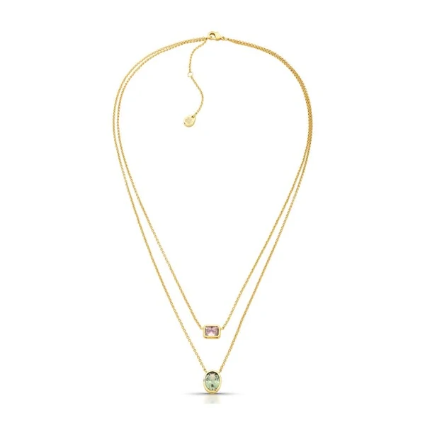 Colar Duplo Dourado com Zircônias Coloridas Cravação Inglesa Corrente Regulável Banho de Ouro 18k