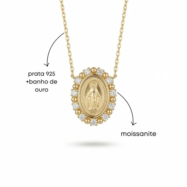 Colar Nossa Senhora das Graças Moissanite e Esferas | Prata com Banho de Ouro 18k | Medalha Milagros