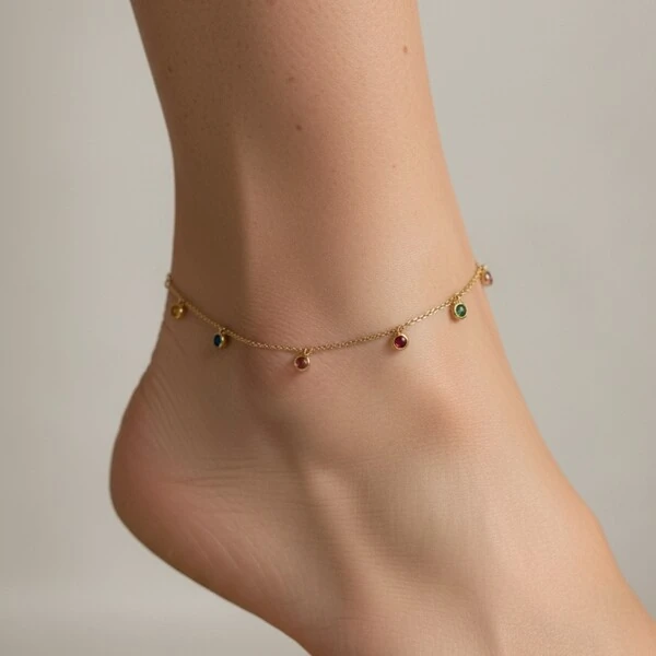 Tornozeleira Prata 925 com Zircônias Coloridas Prata com Banho de Ouro 18 K