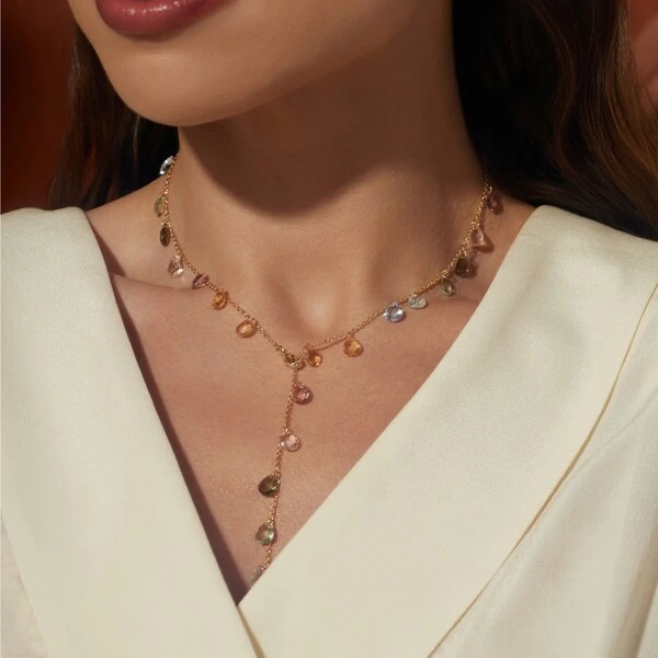 Colar Gotas Penduradas Cristais Peridoto, Citrino e Rodolita Banho de Ouro 18k