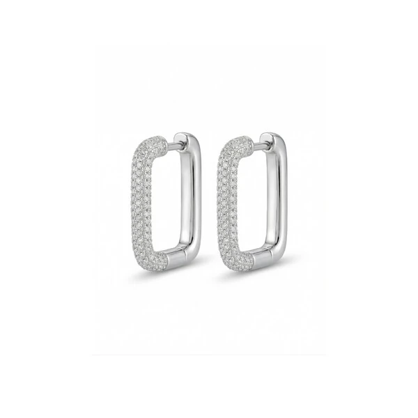 Argola Cravejada Zircônias Retangular Ródio Branco