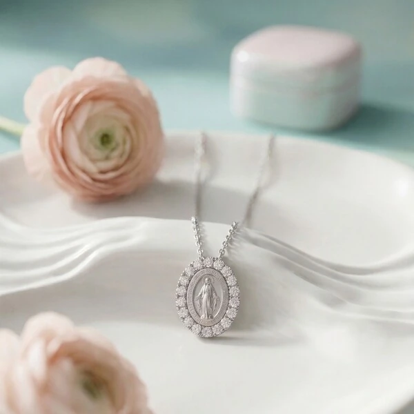 Colar Nossa Senhora das Graças Moissanite Prata 925 | Medalha Milagrosa no Verso | Certificado GRA