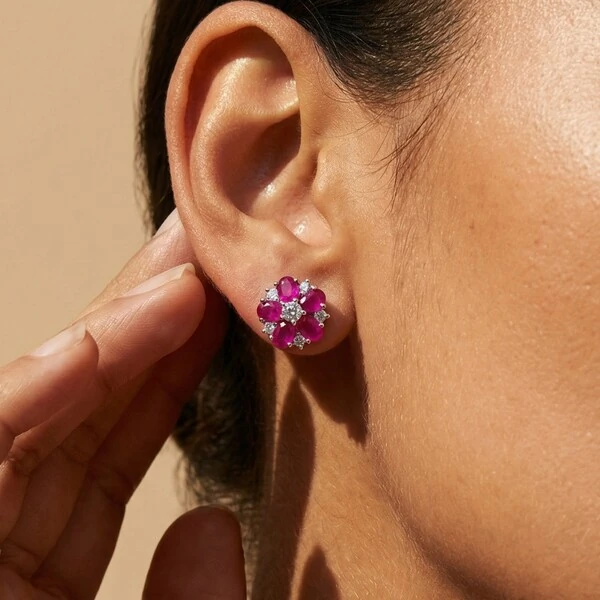 Brinco Flor Rubi Colombiana Fusion em Prata 925