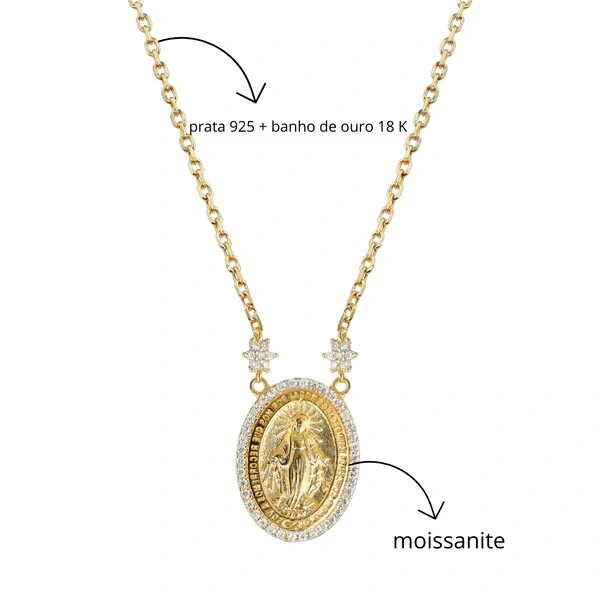 Colar Nossa Senhora das Graças P Moissanite Prata Banho de Ouro 18 K