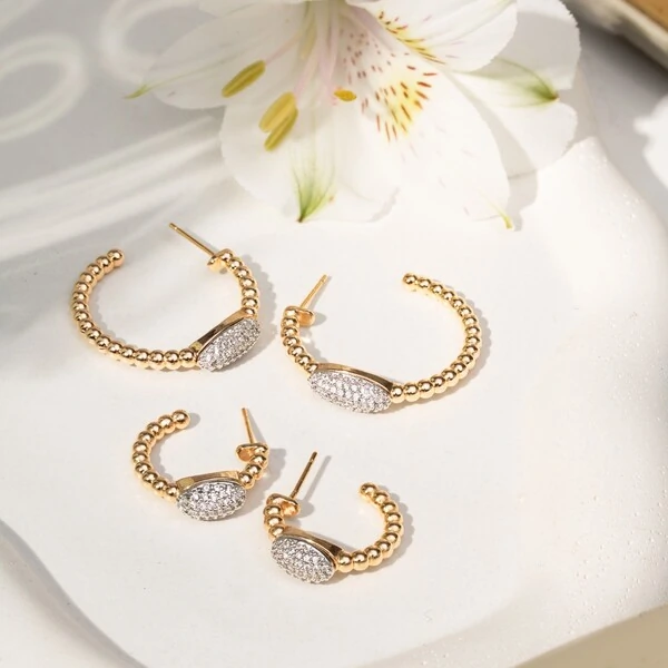 Argola Bolinhas Oval Cravejado M Banho de Ouro 18 K