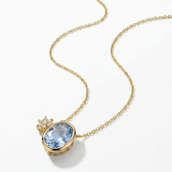 Colar Cristal London Blue Oval com Estrela de Zircônias | Liga Metálica Banho Ouro 18k | 50 cm