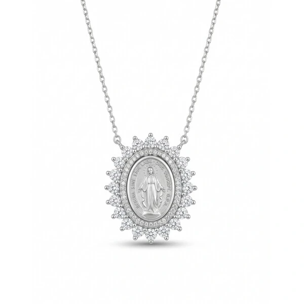 Colar Nossa Senhora das Graças Halo Zircônias | Prata 925 | 40+5cm | Pingente 2,8x2,3cm (cópia)