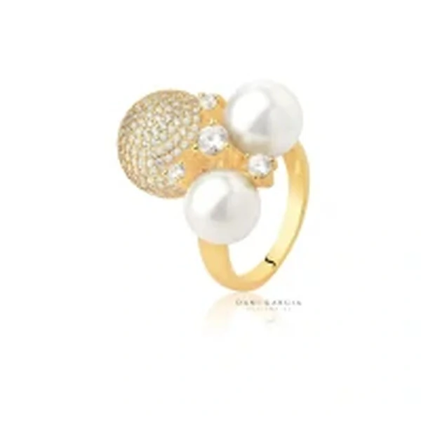 Anel Esfera Cravejada Pérola Shell Banho de Ouro 18 K